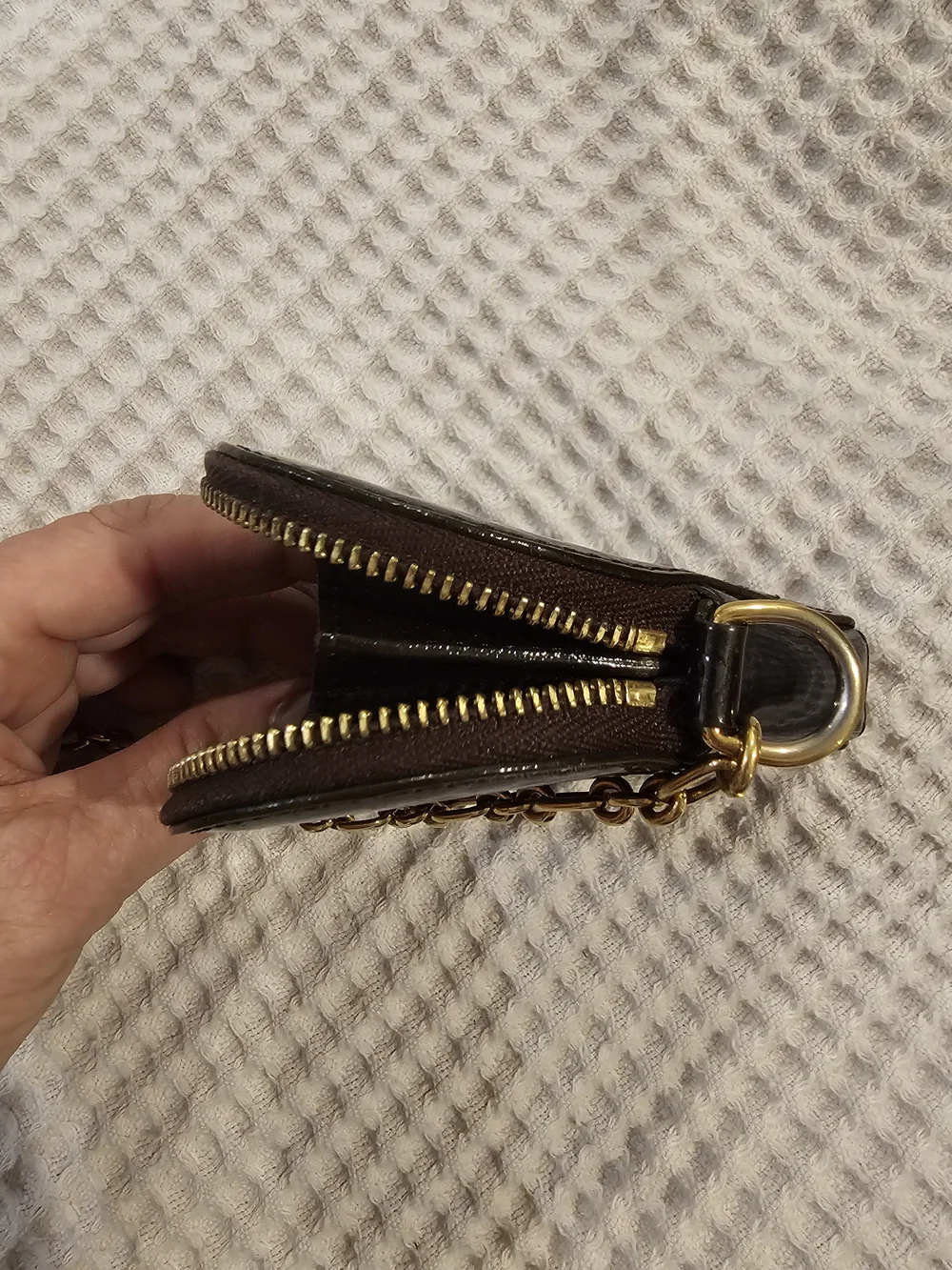 Louis Vuitton Dark Brown Patent Heart Coin Purse with Gold Chain Charm